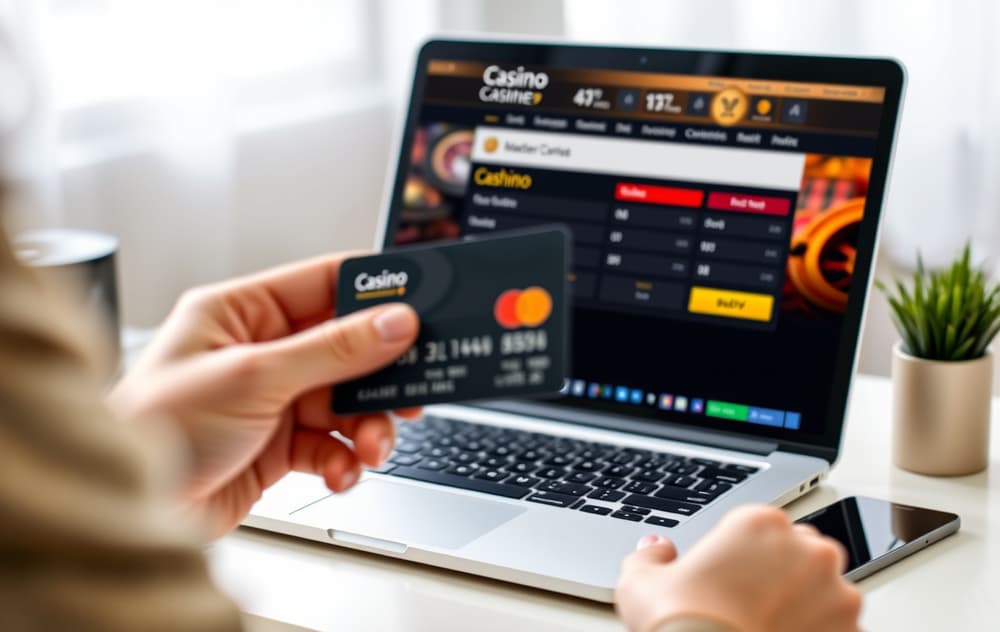 En person holder et Mastercard debetkort foran en bærbar PC med en casino kasse-side åpen.