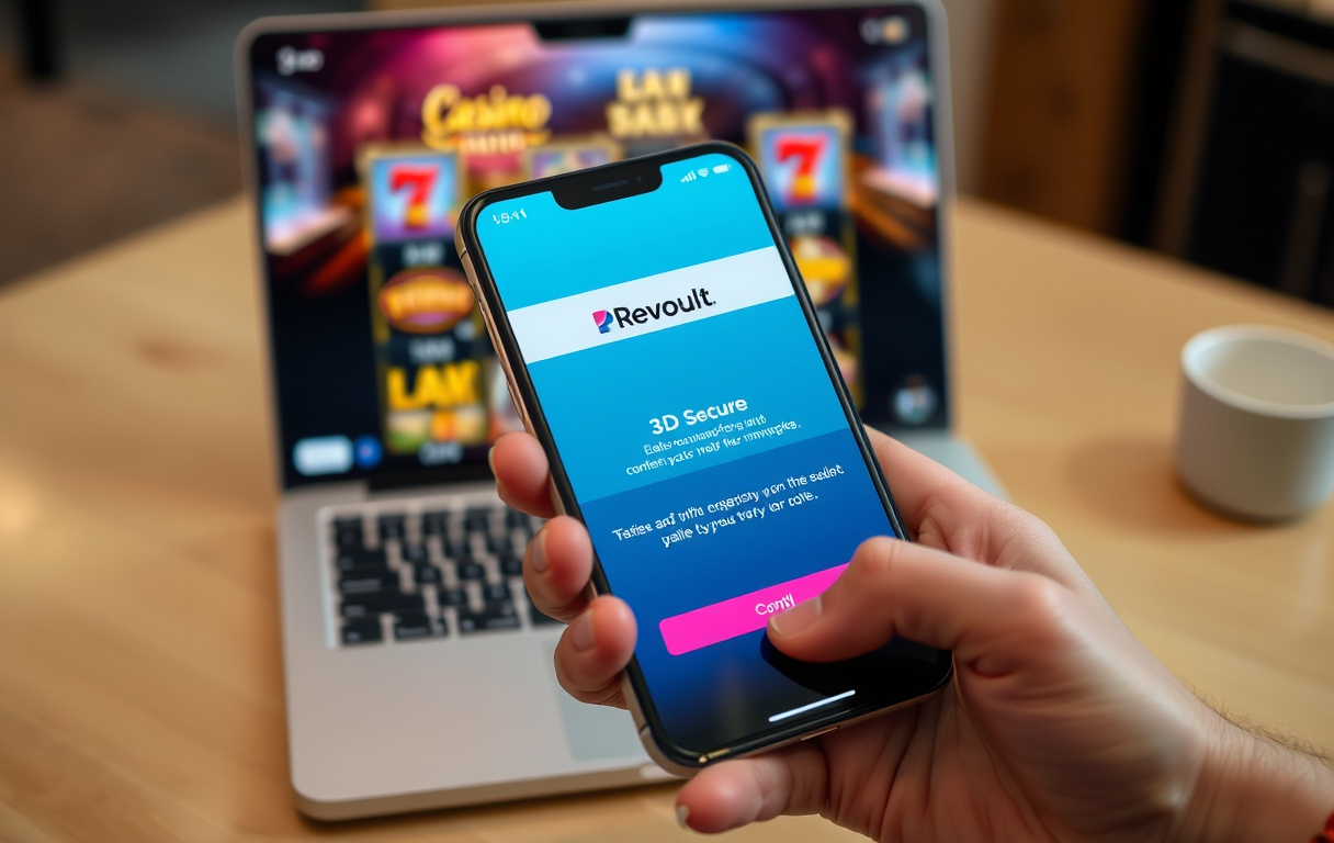 Person bekrefter Revolut-betaling på mobil med casino på PC i bakgrunnen