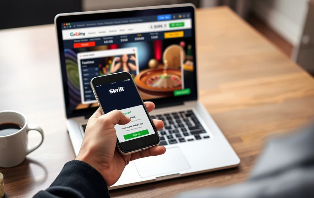 Person som setter inn penger på et nettcasino med Skrill-appen på mobilen