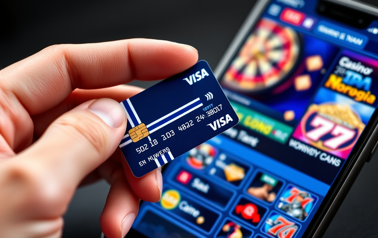 Norsk Visa-kort ved siden av mobiltelefon med casinospill