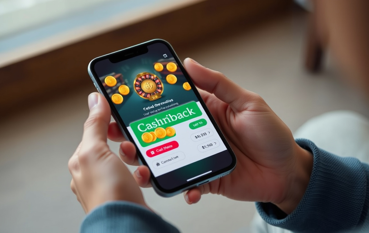 Person med mobiltelefon som viser cashback-varsel på casino-app, med mynter og prosenttegn.