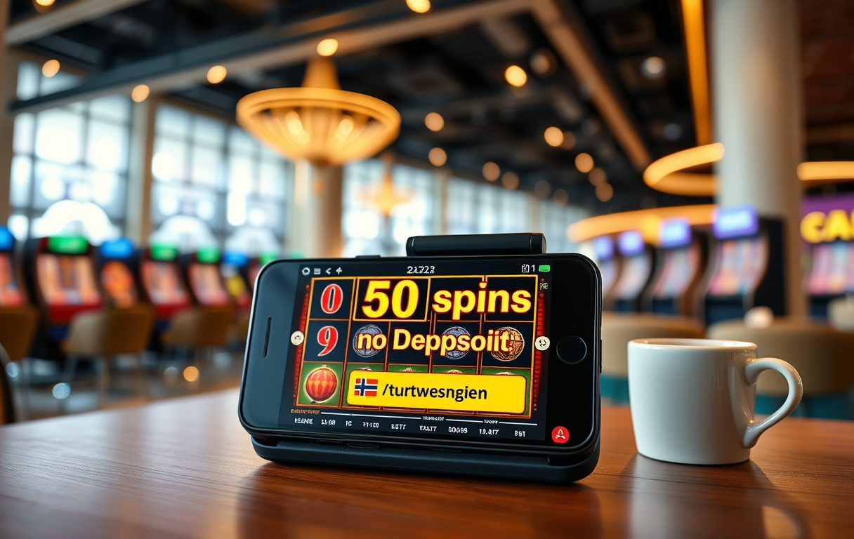 Smarttelefon som viser gratisspinn uten innskudd på en spilleautomat, plassert på et trebord med kaffekopp