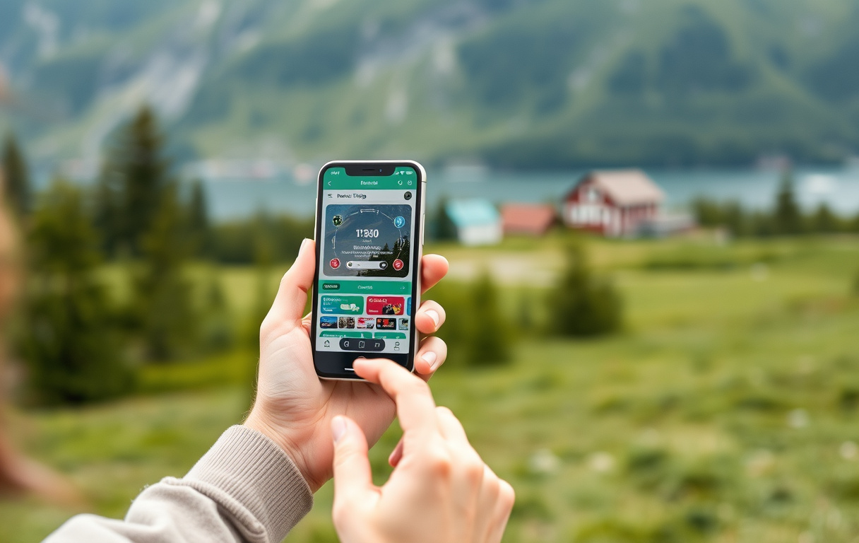 Mobiltelefon som viser Norsk Tipping-appen og et nettcasino side om side, med norsk natur i bakgrunnen