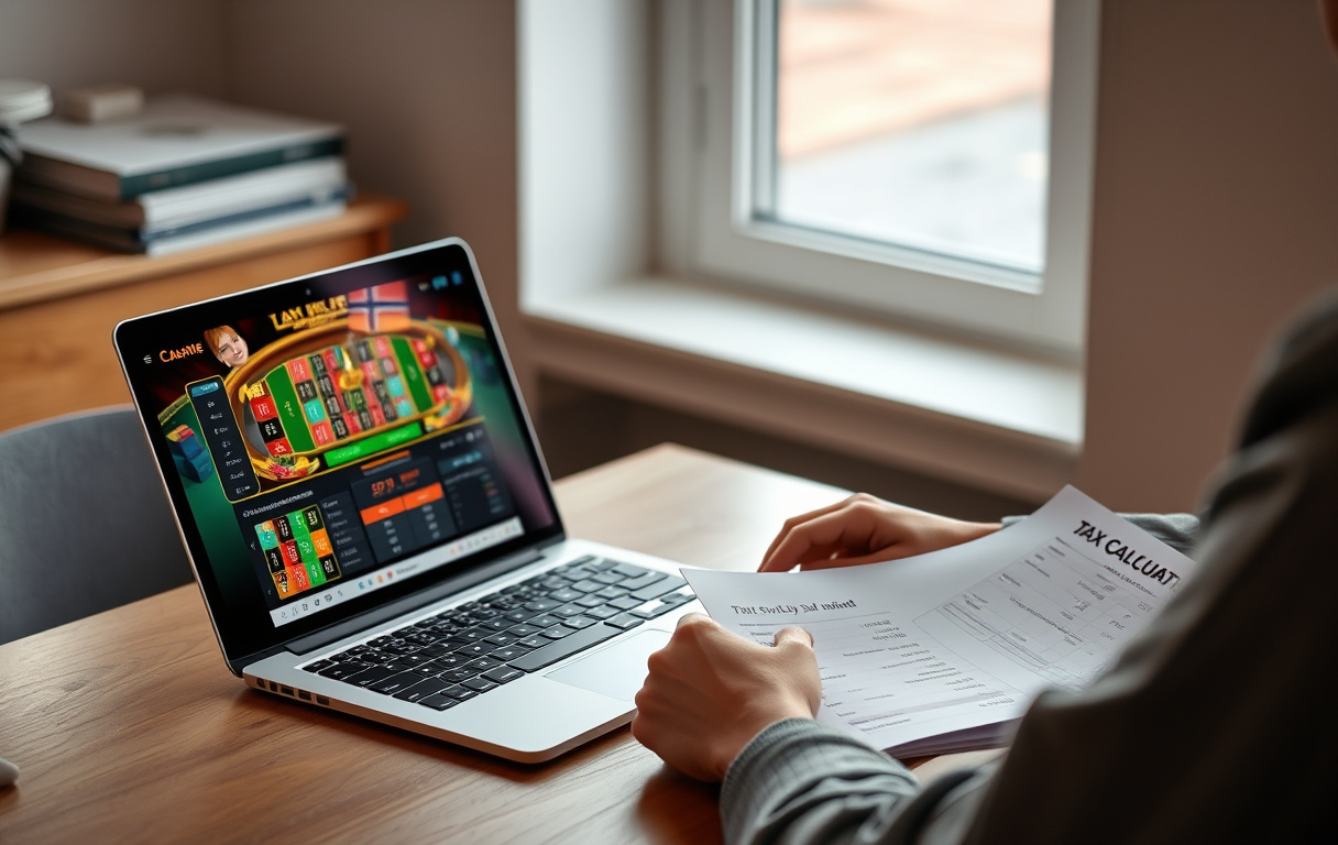 Norsk spiller med laptop og skattepapirer