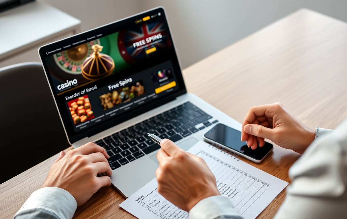 Person som sjekker gratis casino-tilbud på laptop med kaffekopp og notatblokk.