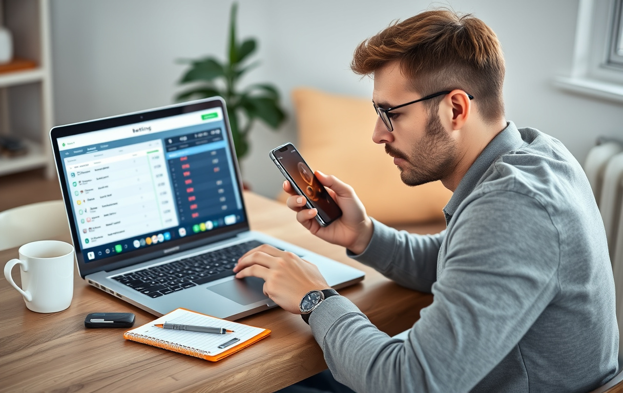 En person sammenligner to bettingsider på laptop og mobil, med notatblokk og kaffekopp på skrivebordet.