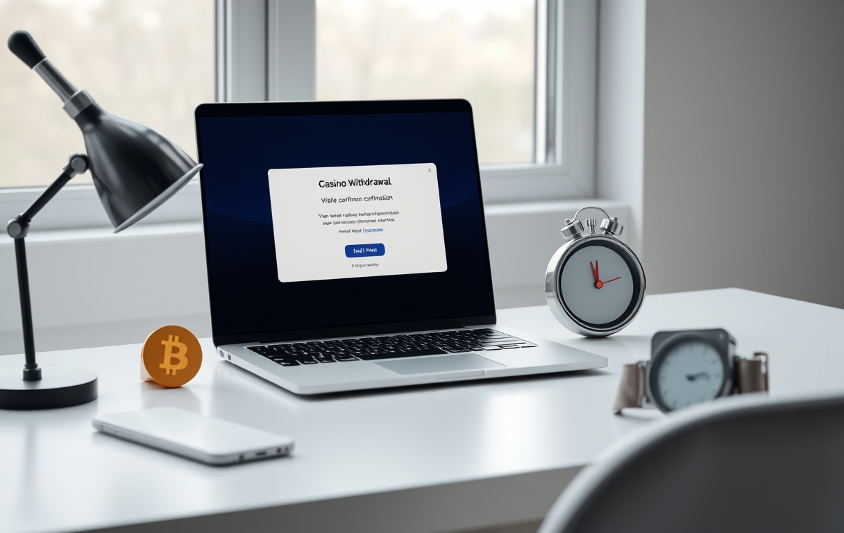 Minimalistisk kontor med laptop som viser utbetalingsbekreftelse fra casino, Bitcoin-symbol og stoppeklokke.