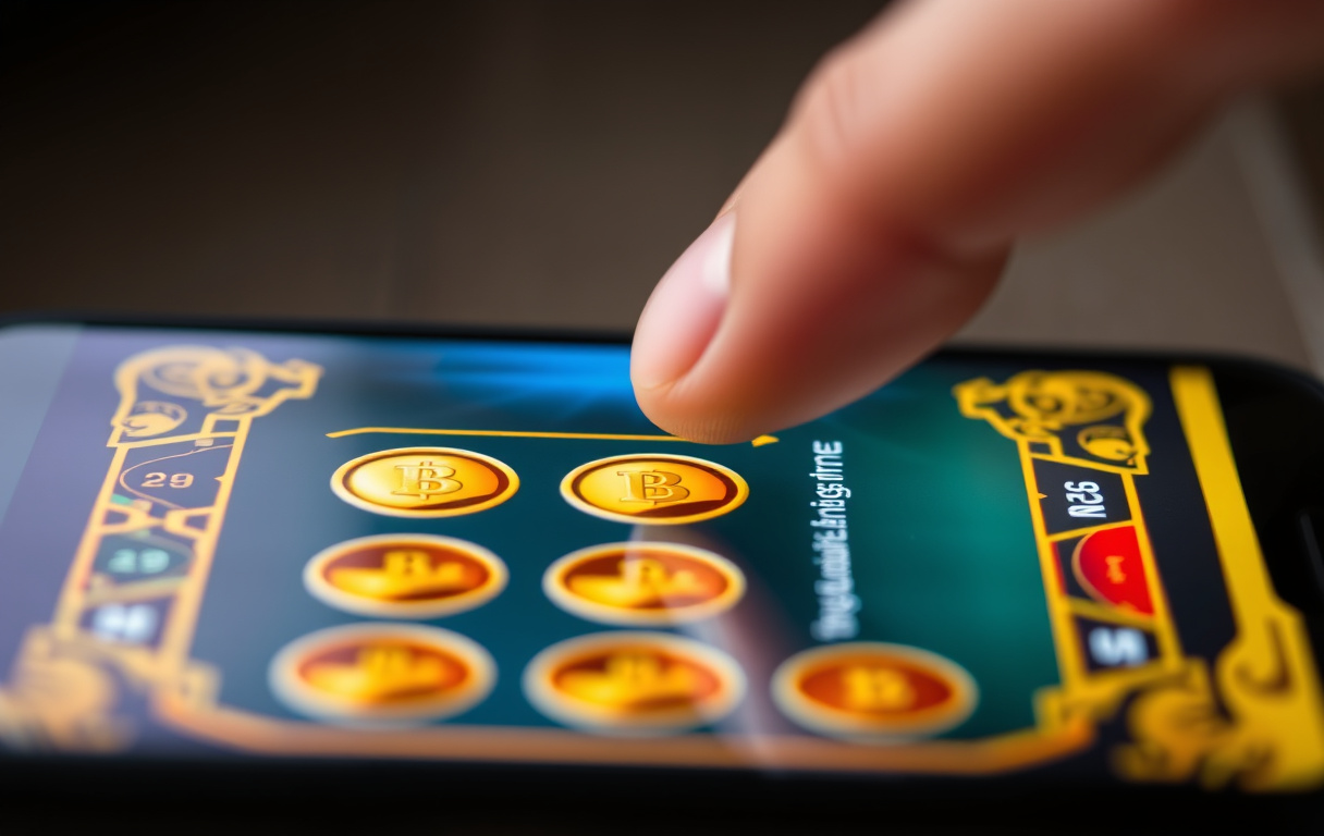 Nærbilde av en smarttelefon som viser et digitalt skrapelodd der en gullmynt skrapes frem, realistisk lyssetting, moderne casino-grensesnitt